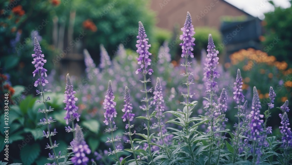 Poster lush purple salvia flowers in bloom with soft focus background and blank space for text in a vibrant