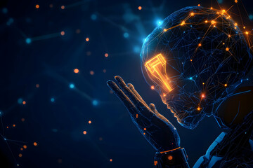 Digital brain in hand and a light bulb on a dark blue background with a network connection