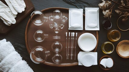Wet cupping therapy setup with glass and plastic suction cups, lancets, antiseptic wipes, herbal oils, gloves, and towels arranged on a dark slate background with warm lighting.