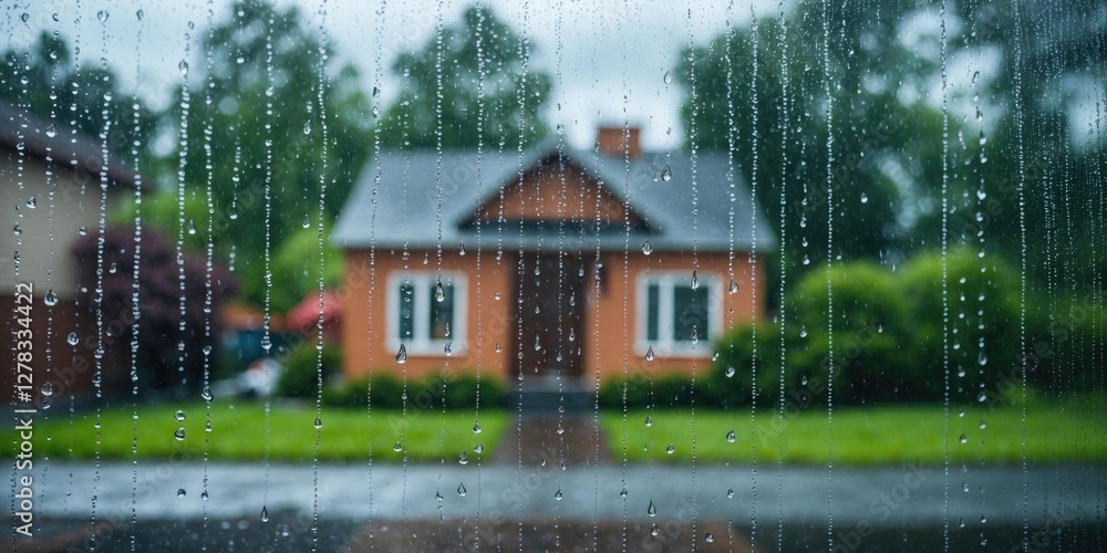 Poster raindrops on a window with a blurred house in the background creating a serene atmosphere and empty 