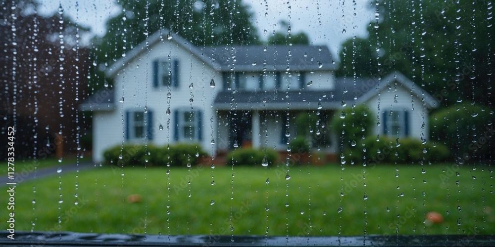 Poster raindrops on window with a blurred house in background creating a serene atmosphere and empty space 