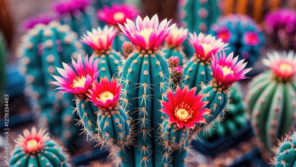 Poster vibrant colored cactus flowers in bloom with soft background for text overlay and nature inspired de