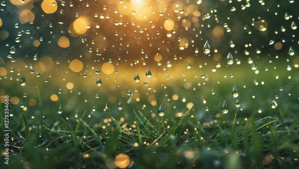 Poster raindrops on green grass with warm bokeh background and soft focus for text overlay in nature settin