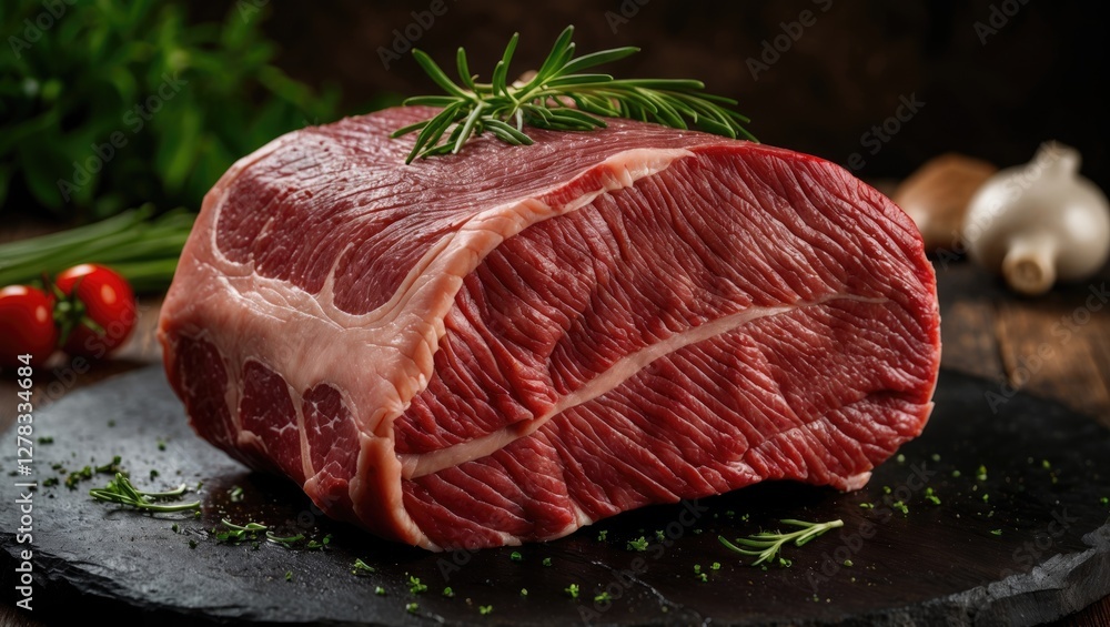Poster raw beef chuck roll steak on slate with fresh herbs and vegetables for grill preparation empty space