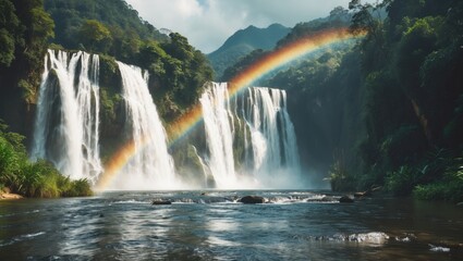 Fototapeta premium Majestic waterfall with vibrant rainbow over serene water landscape in Pakxong, surrounded by lush greenery and mountains.