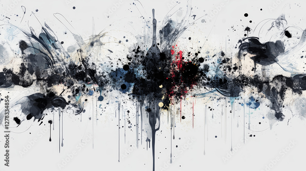 Poster white paint spray brushes, ink splashes and lines with splatters and drips. stains and strokes with 