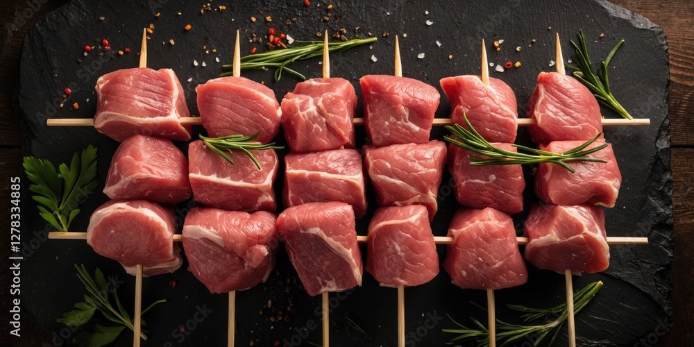 Aufkleber fresh pork skewers with herbs on slate plate ready for grilling and cooking with empty space for tex