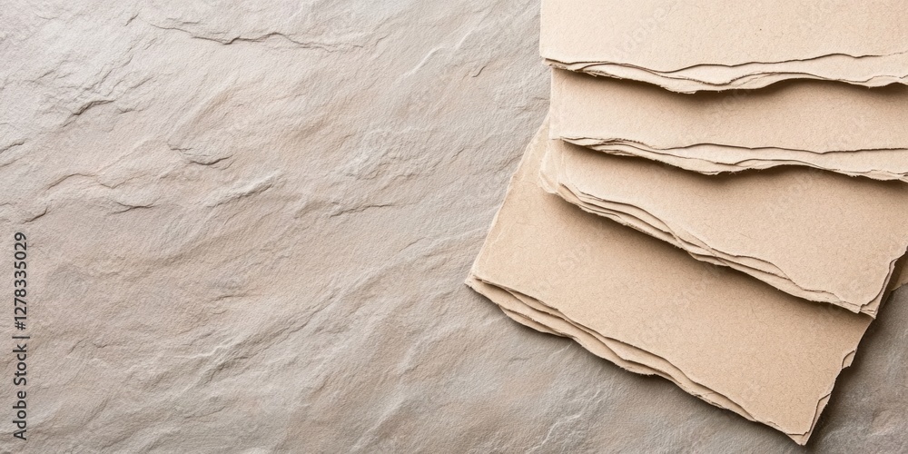Aufkleber brown paper sheets with uneven edges lie stacked on a smooth stone surface, illuminated by gentle na