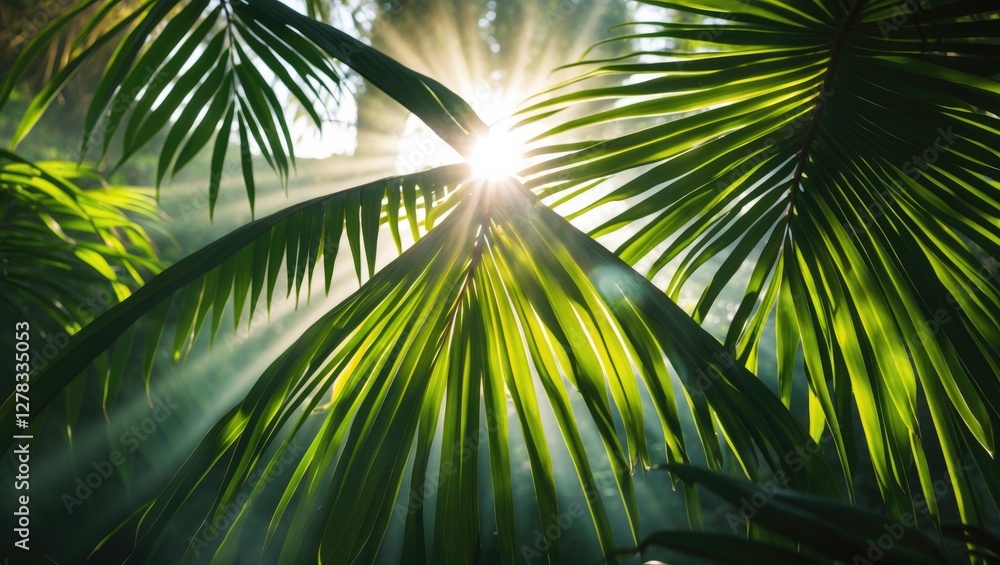 Aufkleber sunlight filtering through lush palm leaves in a tropical jungle setting with a soft focus on vibran