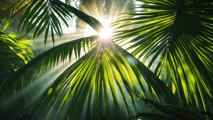 Obraz premium Sunlight Filtering Through Lush Palm Leaves in a Tropical Jungle Setting with a Soft Focus on Vibrant Greenery and Natural Beauty.