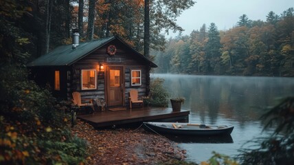 Obraz premium Cozy Log Cabin by Lake at Twilight with Autumn Trees and Mist in Forest