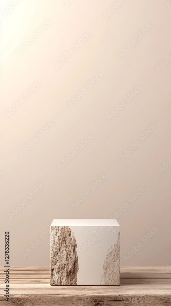 Aufkleber a minimalistic display features a cube pedestal with a stone detail positioned on wooden flooring, c