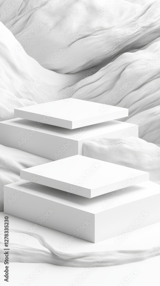 Poster three layers of white rectangular forms are stacked on a soft, wavy white backdrop, highlighting a c
