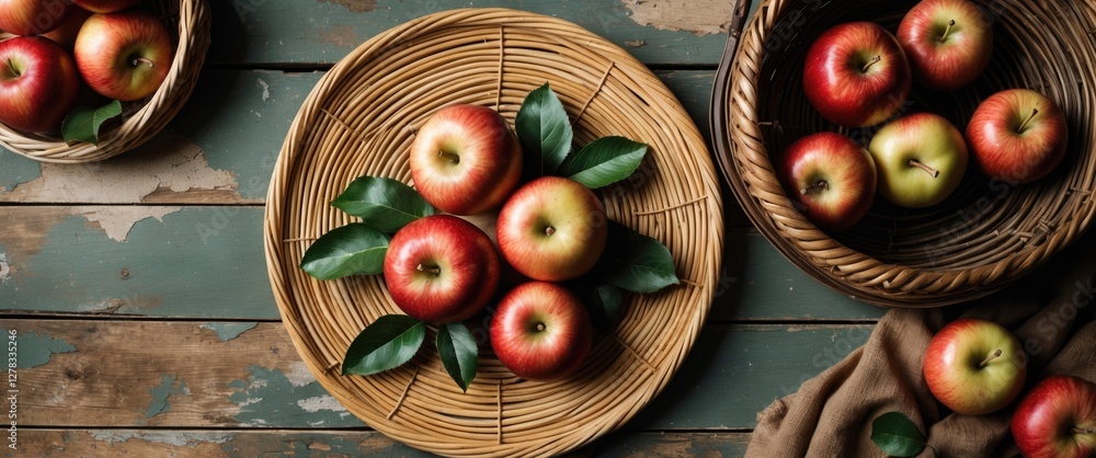 Poster red apples arranged in wicker plates surrounded by green leaves on rustic wooden table highlighting 