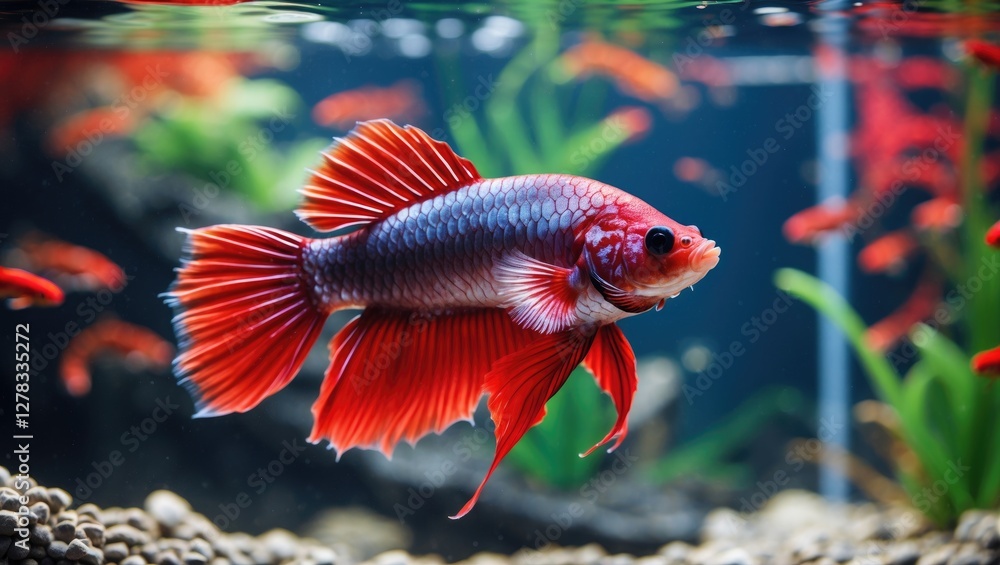 Poster vibrant red betta fish swimming gracefully in a lush aquarium setting with clear space for custom te