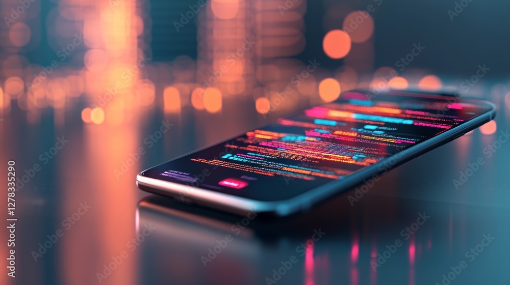 Poster a smartphone rests on a glossy surface, showcasing vibrant code against a dark backdrop filled with 