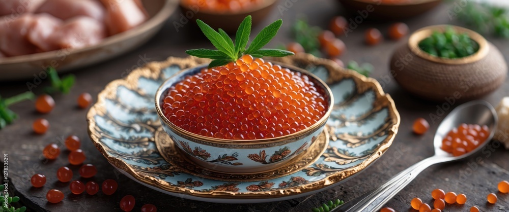Poster elegant presentation of red caviar in a decorative bowl, surrounded by garnishes, with a rustic tabl