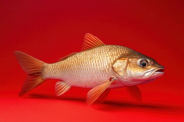 Naklejka premium Golden fish resting on a bold red colored surface