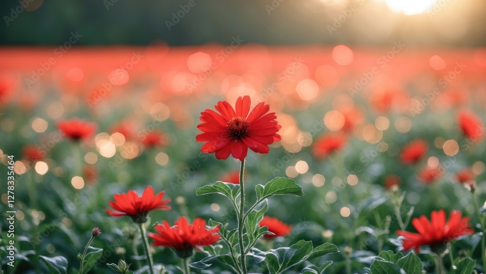 Poster vibrant red flower surrounded by blooming field with bokeh effect and soft background featuring copy