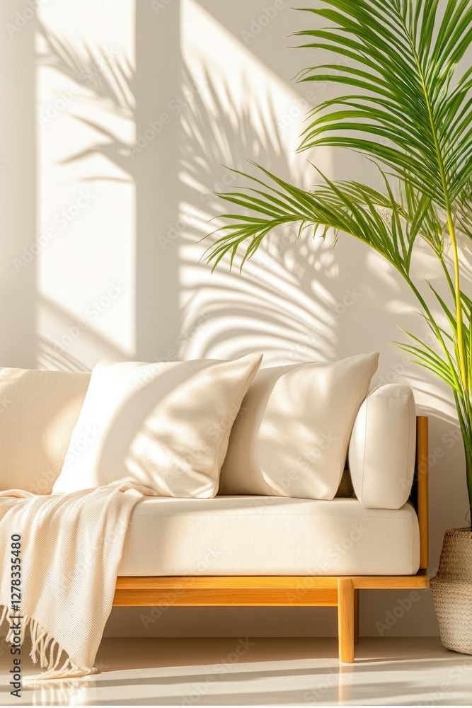 Aufkleber sunlight streams through a window, casting shadows on a light beige sofa adorned with soft pillows a