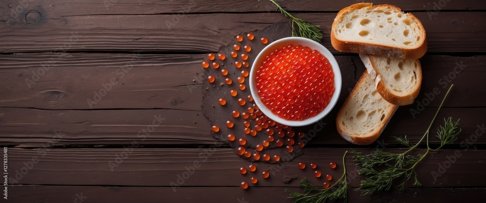 Poster red caviar in a bowl with slices of white bread on a rustic wooden background with space for text an