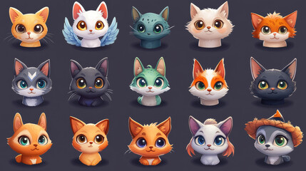 Obraz premium Round animal character game avatars design. Set of cute borders with fantasy cat tail, fox ears, frog eyes, magic pony crown, angel wings, witch hat and broomstick decor. Cartoon vector illustration