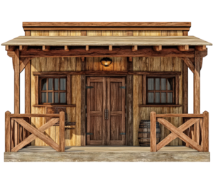 old western style wooden saloon with swinging doors, featuring rustic charm and welcoming entrance. This structure embodies spirit of Wild West