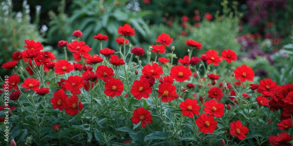 Poster vibrant red flowers flourishing in a lush garden setting with space for custom text or design elemen