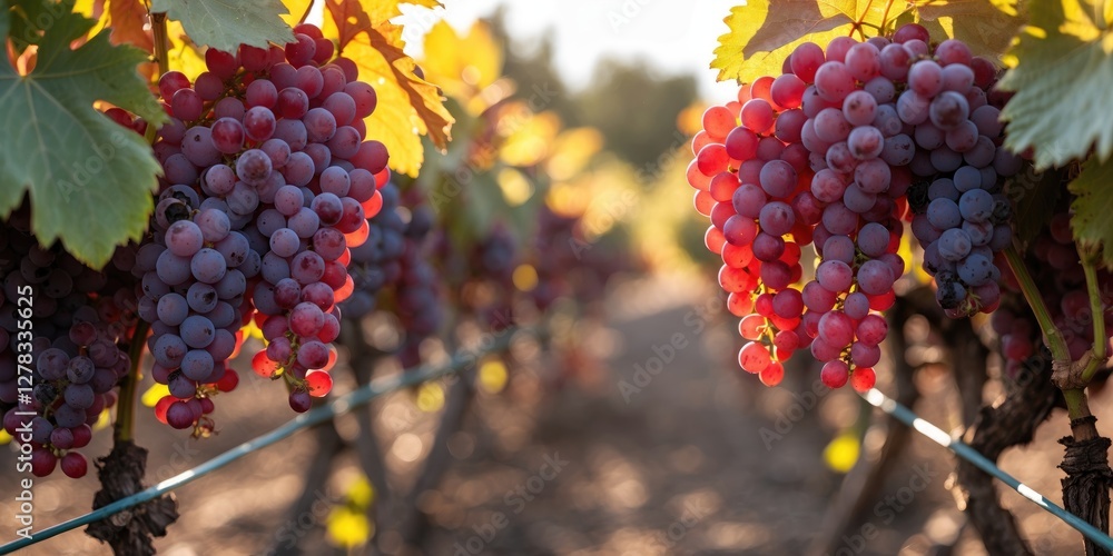 Aufkleber red grapevine plants basking in sunlight with a blurred background and ample space for text placemen