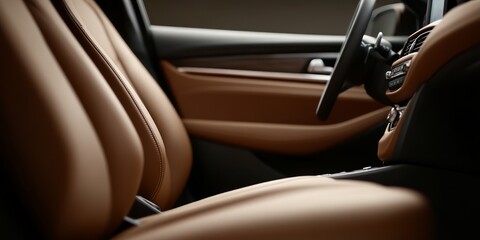 A close view of a modern car's interior features plush brown leather seats and a seamless dashboard, highlighting comfort and sophistication in design