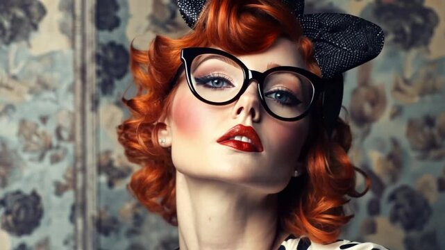 Glamorous pinup fashion model with red hair posing in retro glasses and chic headband on vintage background. Animated advertising banner