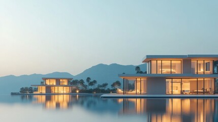 Elegant villas sit by serene waters under a sunset sky, surrounded by mountains, creating a peaceful and luxurious retreat setting for relaxation