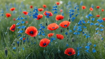 Fototapeta premium Vibrant summer meadow featuring red poppies and blue cornflowers amid lush green grass ideal for nature-themed designs and banners.