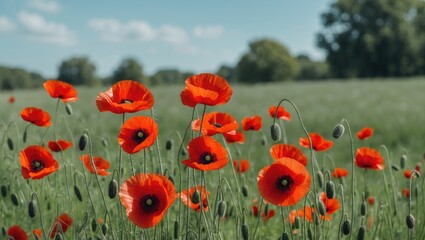 Fototapeta premium Vibrant Red Poppies Blooming in a Sunny Summer Field with Clear Blue Sky and Ample Space for Text or Design Elements.