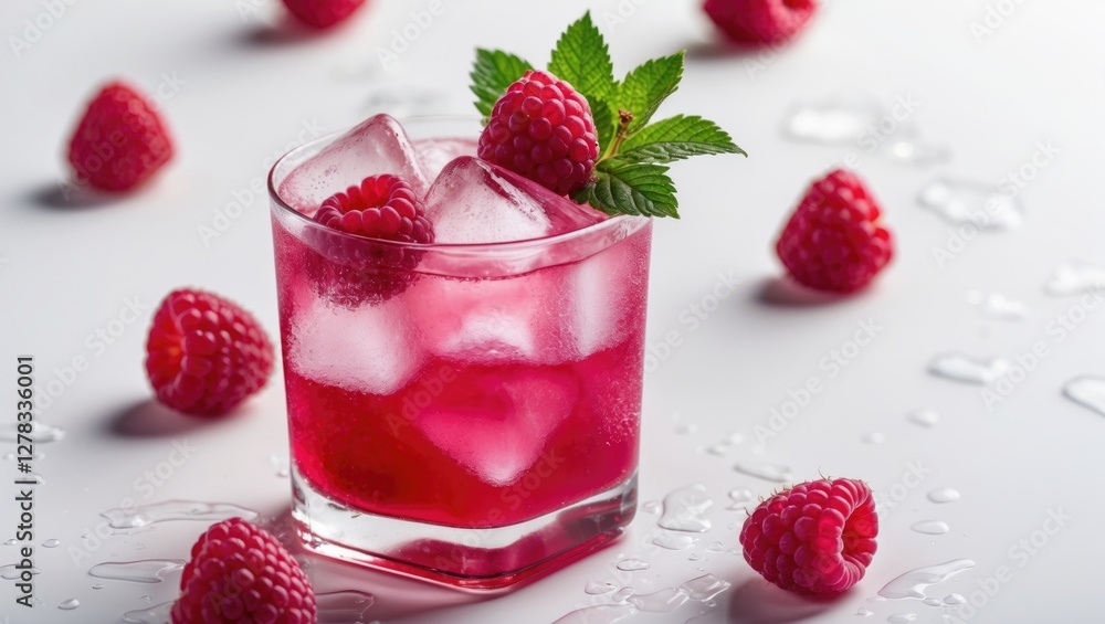Poster refreshing red raspberry drink with ice and mint garnish on white background surrounded by fresh ras