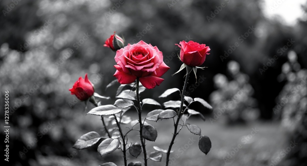 Aufkleber elegant red roses in bloom against a black and white background with selective focus and space for t