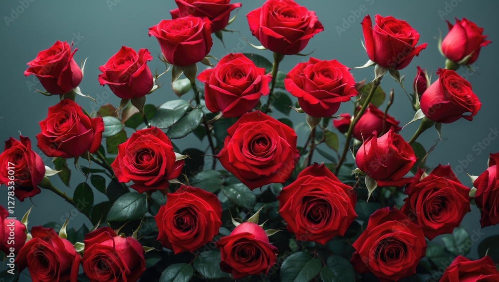 Poster vibrant bouquet of red roses against a subtle background with ample space for text showcasing the be