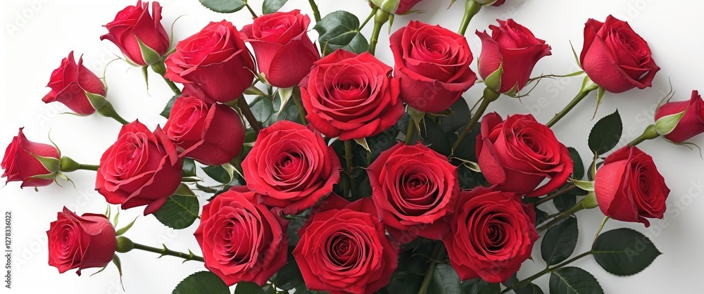 Poster elegant bunch of red roses on white background with space for custom text or messages