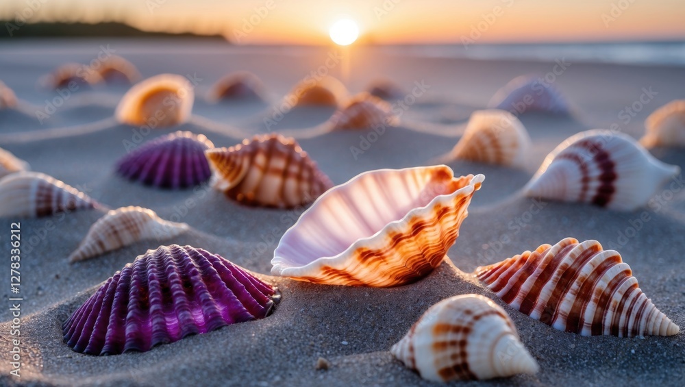 Poster colorful seashells scattered on sandy beach at sunset with gentle waves in the background and space 