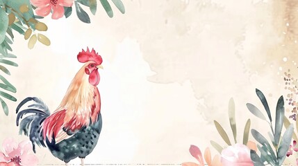 Vibrant Watercolor Rooster Flat Vector Illustration