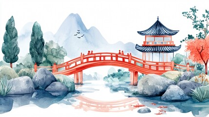 Asian Landscape Elements (Bridge, Water, Mountains) Watercolor Collection for Commercial Use