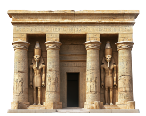 Ancient Egyptian temple entrance with colossal statues and hieroglyphs, showcasing impressive architecture and historical significance