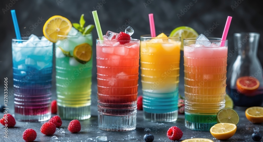 Poster vibrant multicolored beverages in tall glasses with ice and fruit garnishes set against a dark backg