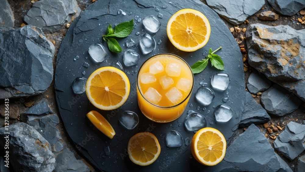 Sticker Refreshing Citrus Juice Garnished with Mint and Ice on Slate Surface Surrounded by Fresh Lemon Halves and Chilled Ice Cubes.