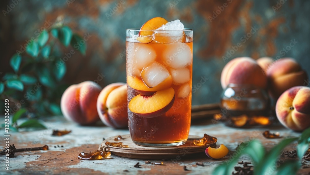 Poster refreshing iced peach tea with ice cubes in tall glass against rustic background with fresh ripe pea