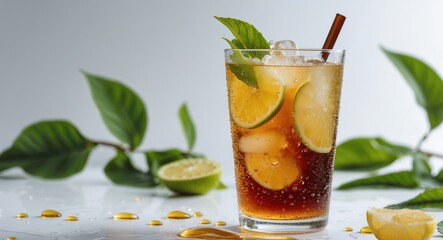 Fototapeta premium Iced Tea with Citrus and Fresh Mint in Glass Against Light Background Refreshing Summer Beverage Concept