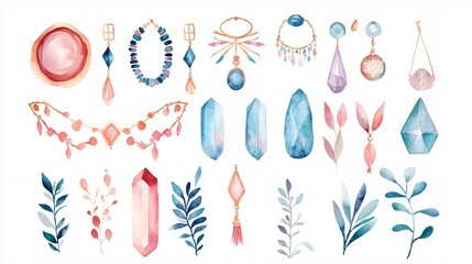 Watercolor Hand-Drawn Bohemian Jewelry Branches and Feathers