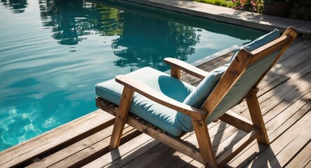 Fototapeta premium Serene Poolside Wooden Chair Overlooking Tranquil Waters in Bright Sunlight Ideal for Relaxation and Leisure Moments
