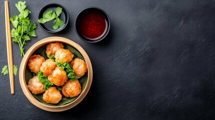 Succulent dumplings are artistically arranged in a bowl with fresh herbs and a tangy dipping sauce placed beside them on a dark surface
