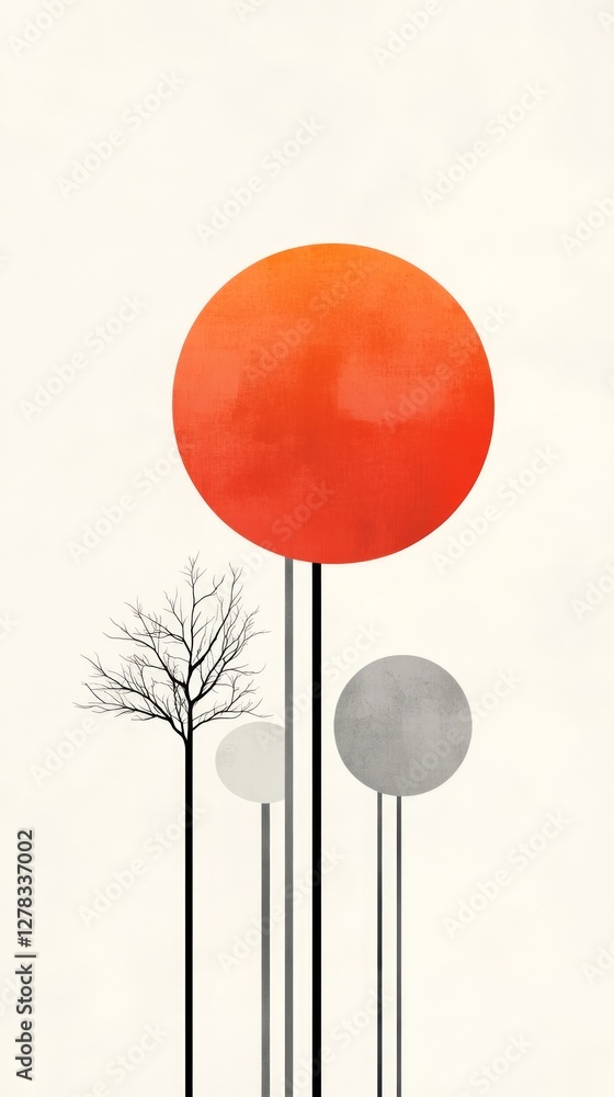 Poster minimalist design featuring three circles in varying sizes and colors alongside a bare tree against 